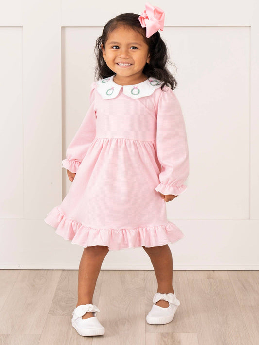Pink Holiday Wreath Scallop Collar Dress