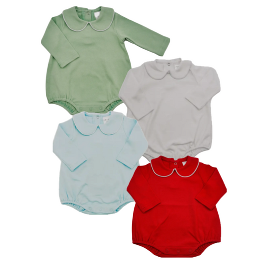 Boys Long Sleeve Bubble Romper w/ Piping Collar