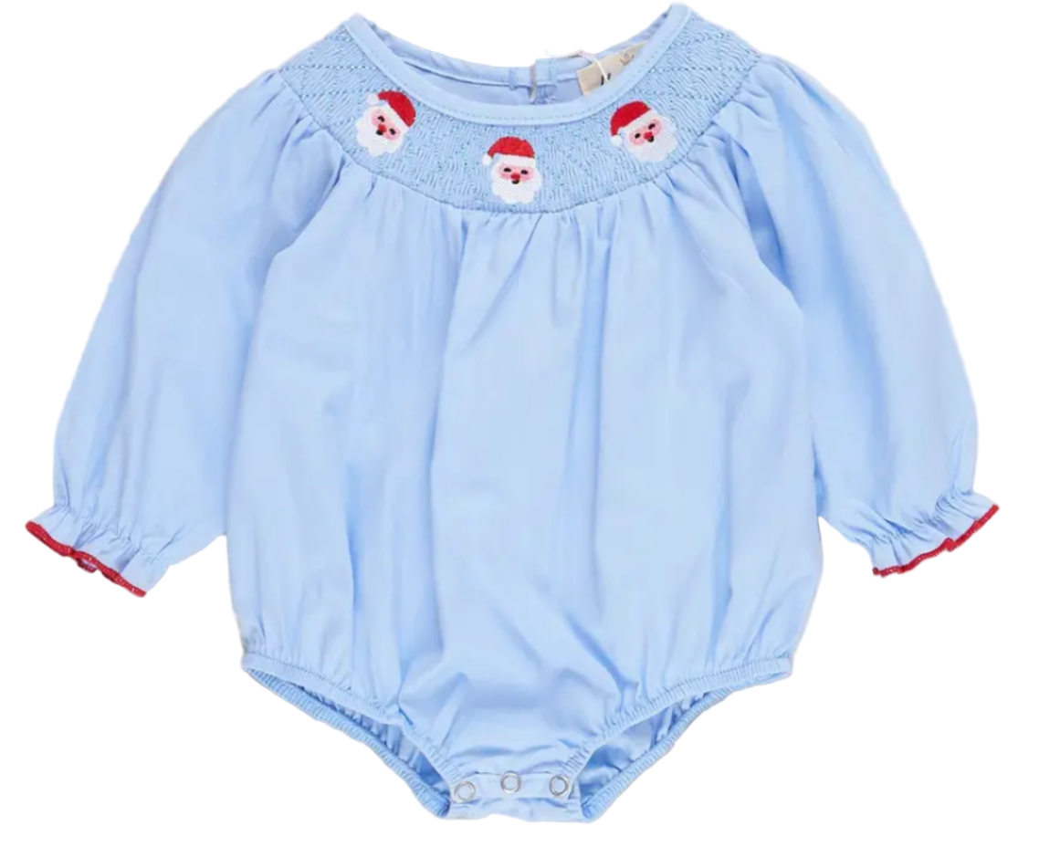 Blue Chambray Smocked Santa Bubble Romper