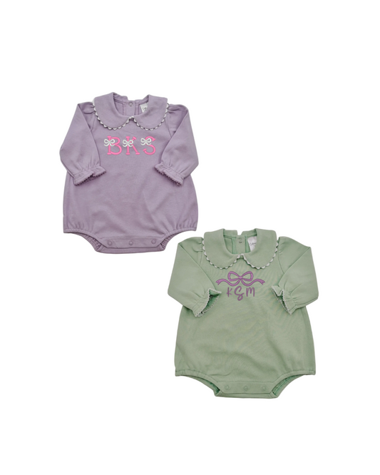 Girls Long Sleeve Bubble Romper w/ Scalloped Collar