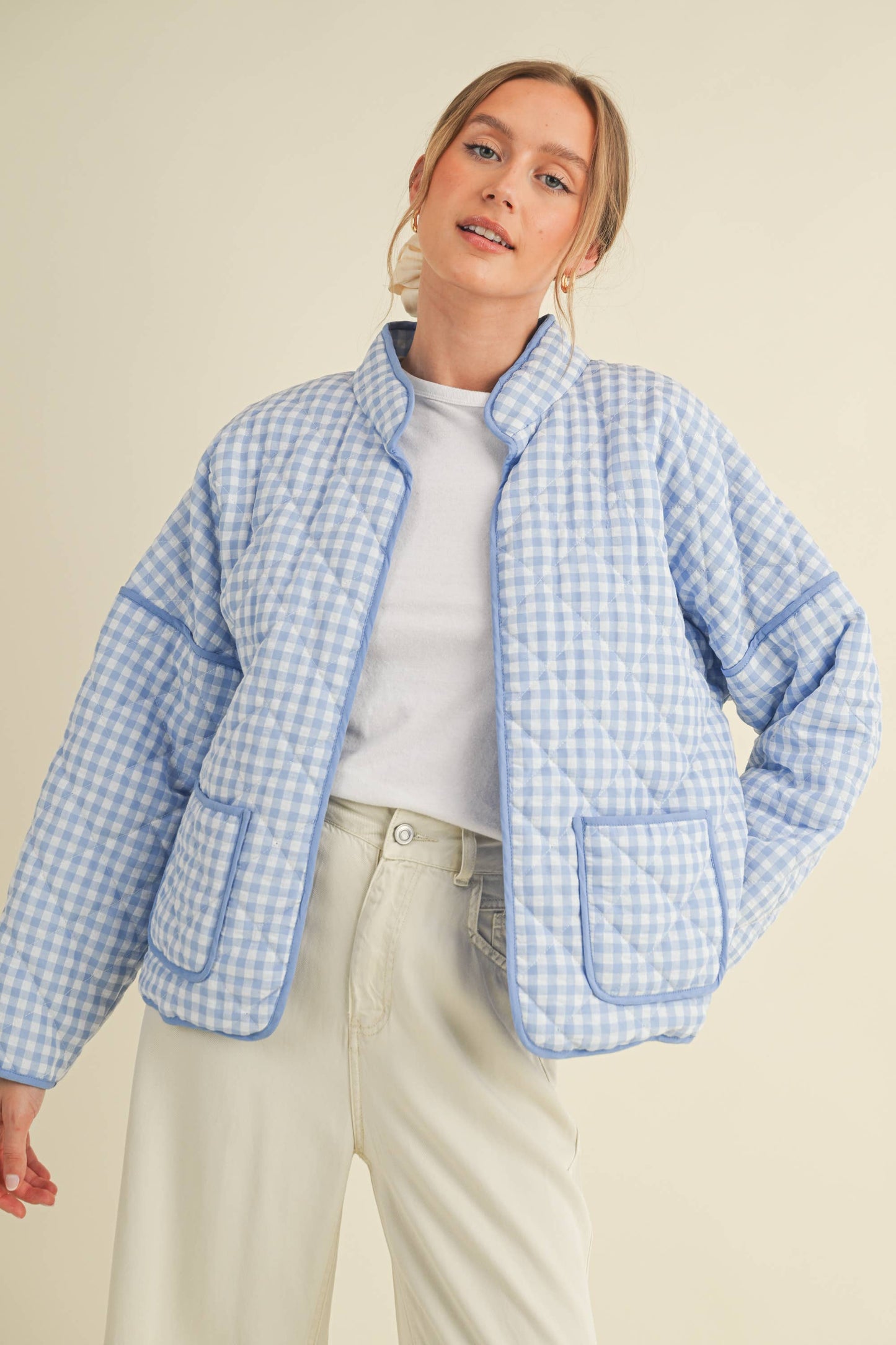 QUILTED PLAID PUFF JACKET - BABY BLUE
