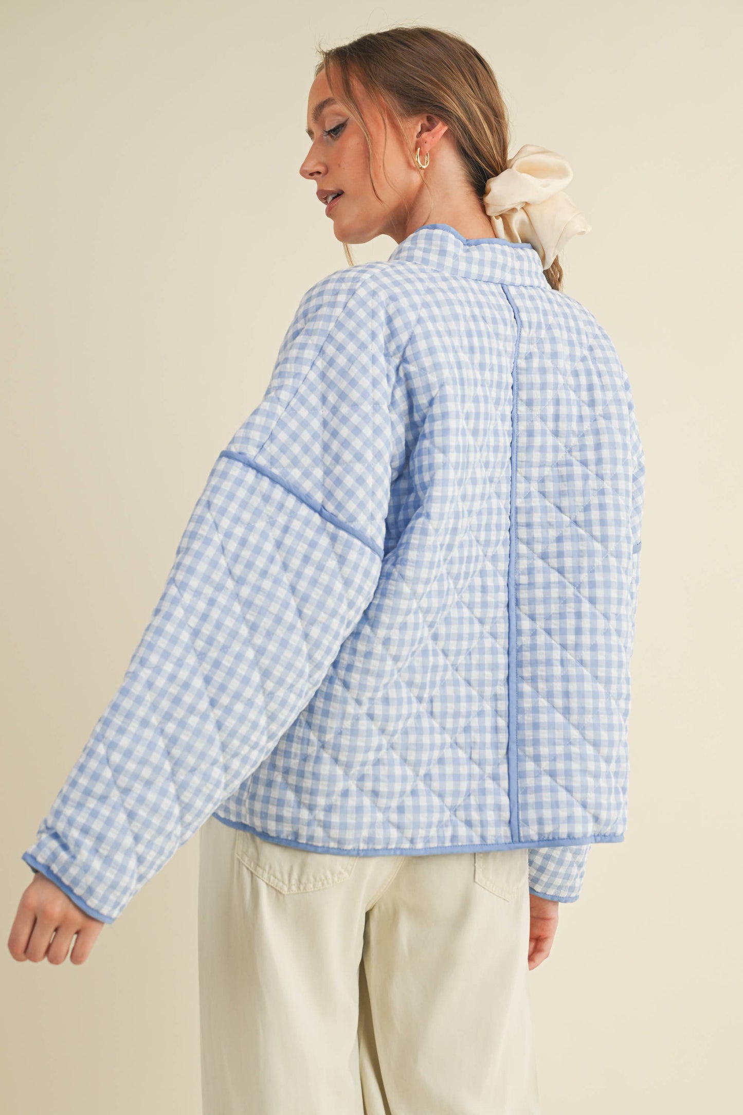 QUILTED PLAID PUFF JACKET - BABY BLUE