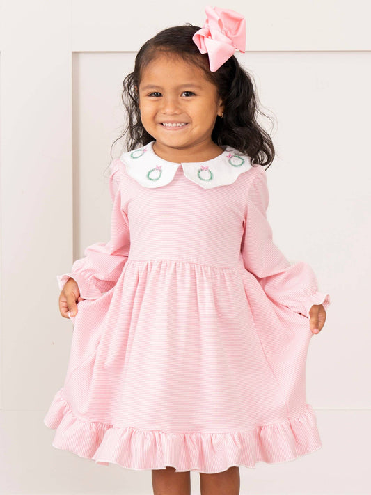 Pink Holiday Wreath Scallop Collar Dress