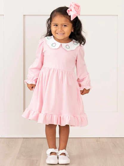 Pink Holiday Wreath Scallop Collar Dress