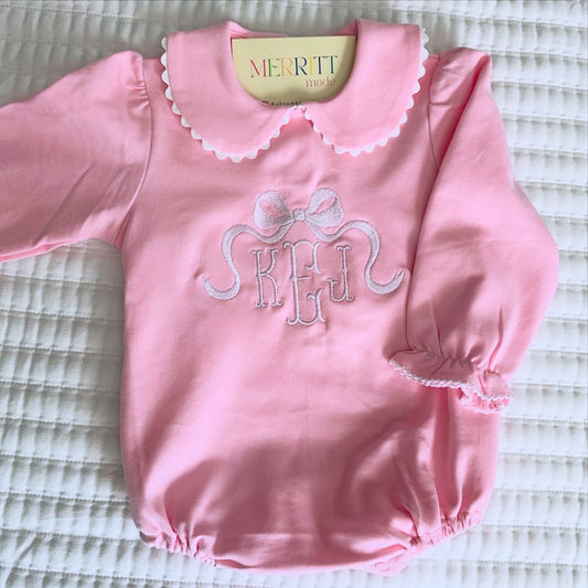 Girls Long Sleeve Bubble Romper w/ Scalloped Collar