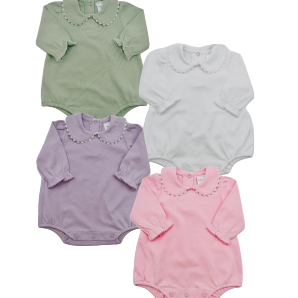 Girls Long Sleeve Bubble Romper w/ Scalloped Collar
