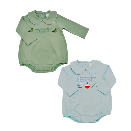 Boys Long Sleeve Bubble Romper w/ Piping Collar