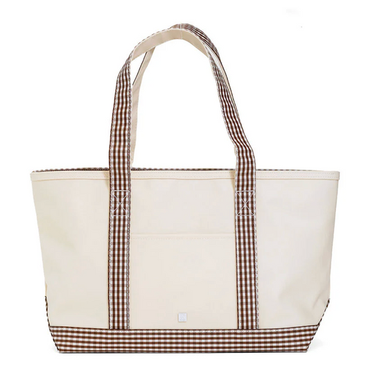 TRVL MEDIUM TOTE - COATED CANVAS NATURAL w/ GINGHAM COCO TRIM