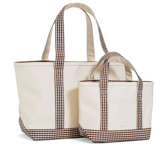 TRVL MEDIUM TOTE - COATED CANVAS NATURAL w/ GINGHAM COCO TRIM