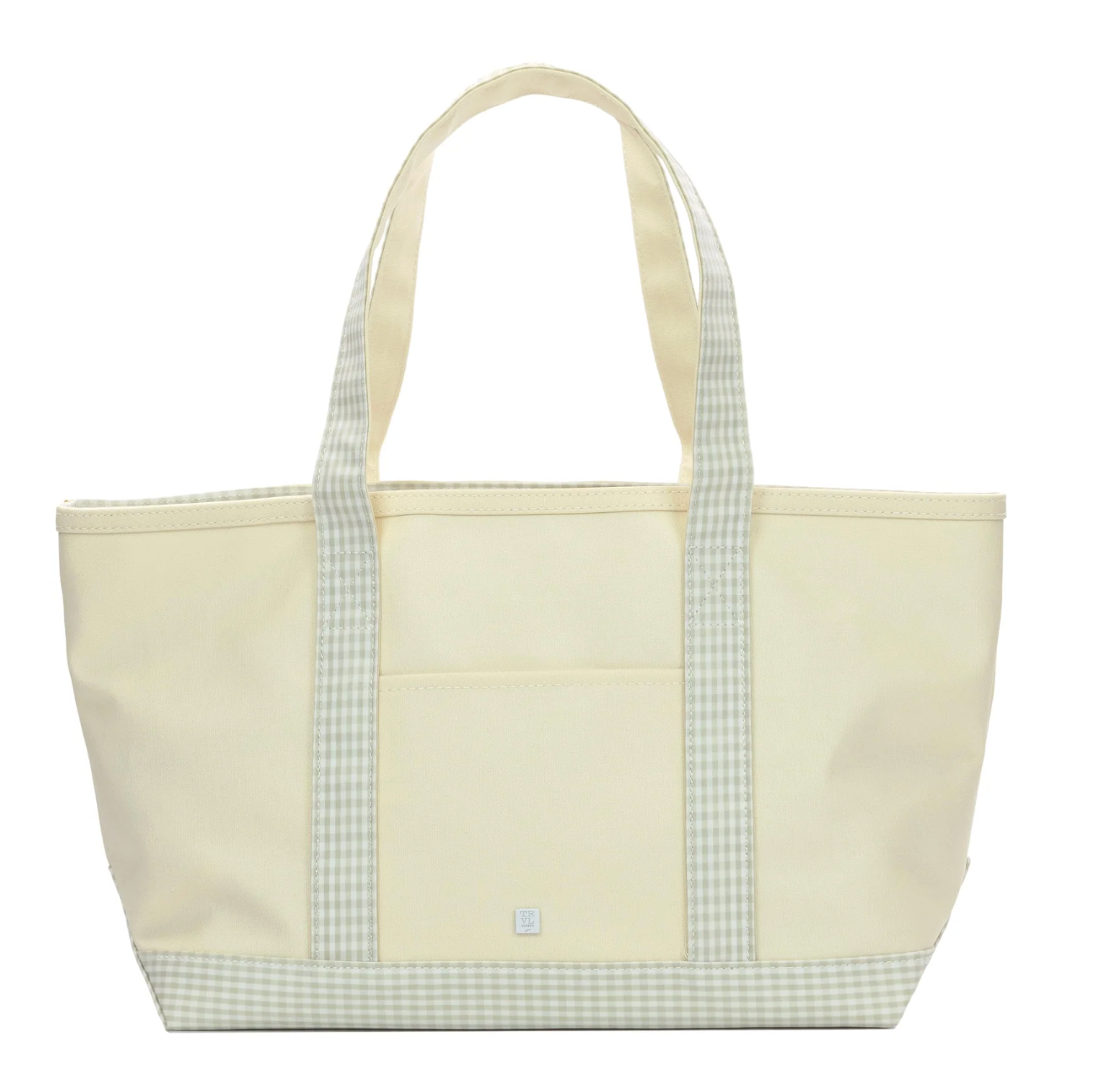 TRVL MEDIUM TOTE - COATED CANVAS NATURAL w/ GINGHAM PEARL GREY TRIM