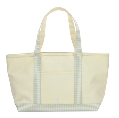 TRVL MEDIUM TOTE - COATED CANVAS NATURAL w/ GINGHAM PEARL GREY TRIM