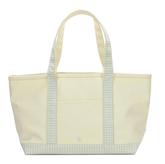 TRVL MEDIUM TOTE - COATED CANVAS NATURAL w/ GINGHAM PEARL GREY TRIM