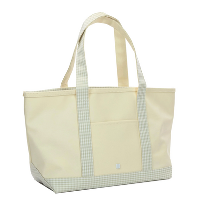TRVL MEDIUM TOTE - COATED CANVAS NATURAL w/ GINGHAM PEARL GREY TRIM