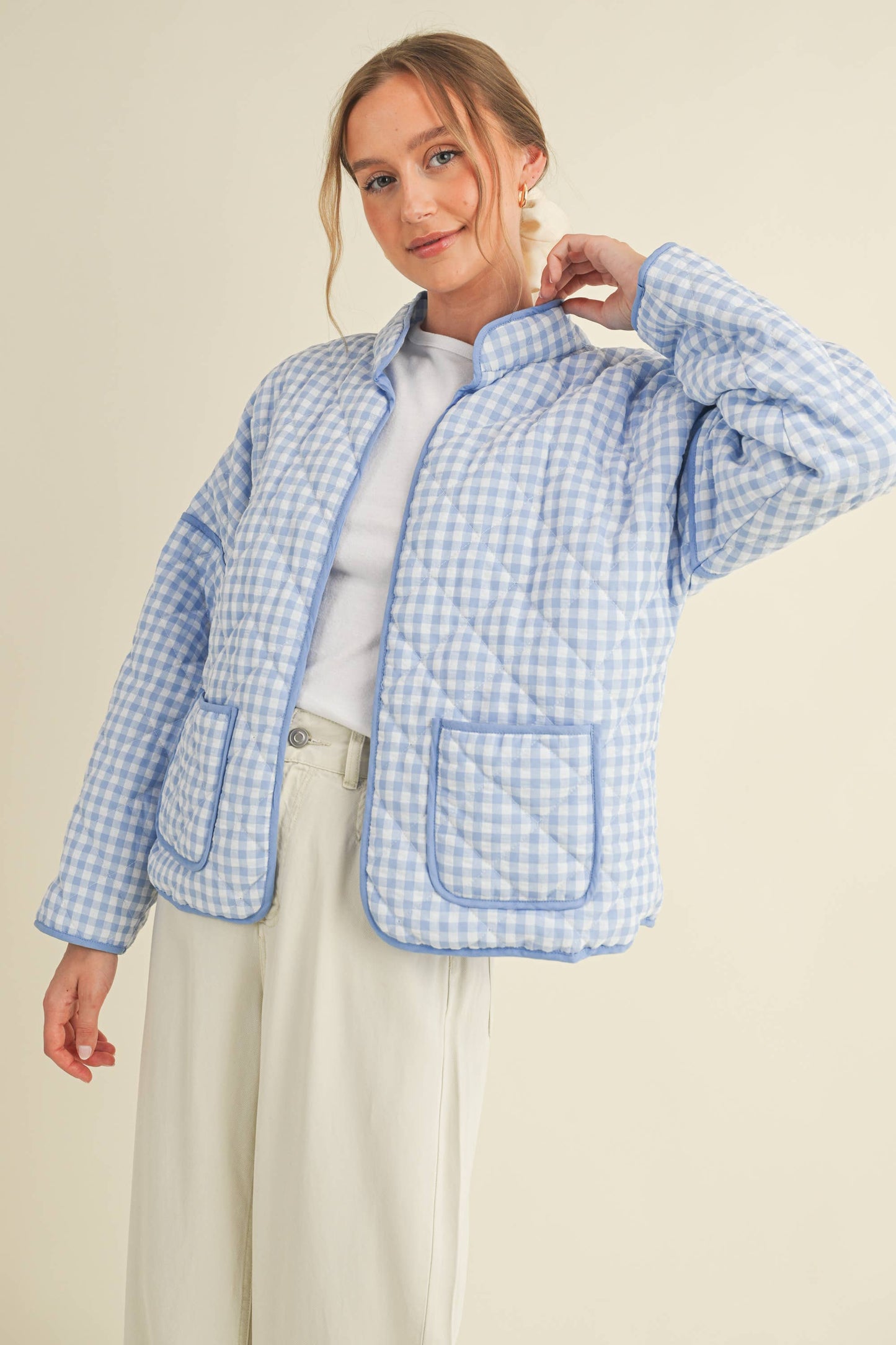 QUILTED PLAID PUFF JACKET - BABY BLUE
