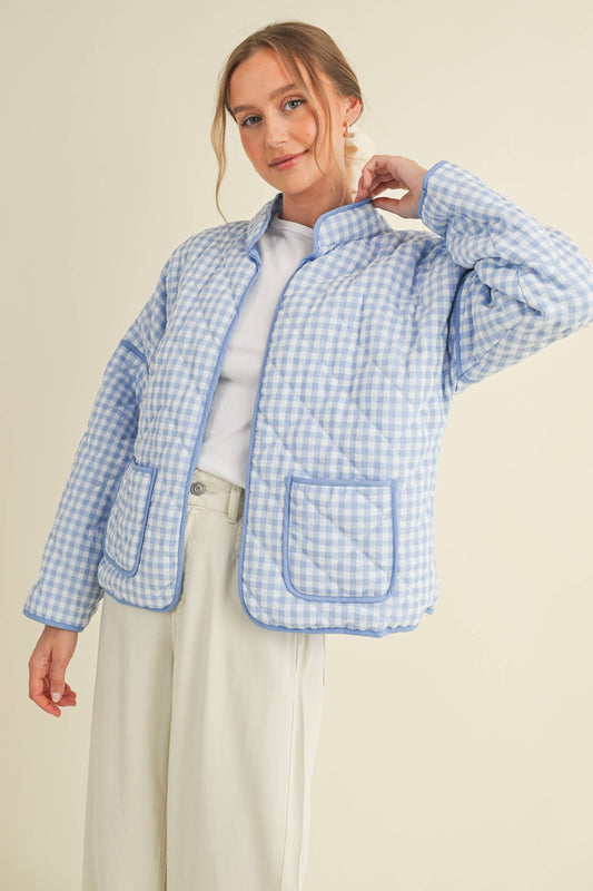 QUILTED PLAID PUFF JACKET - BABY BLUE